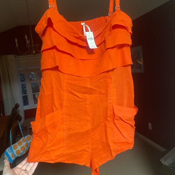 Anthropologie Large Orange Strapless Linen Romper - Picture 4 of 5